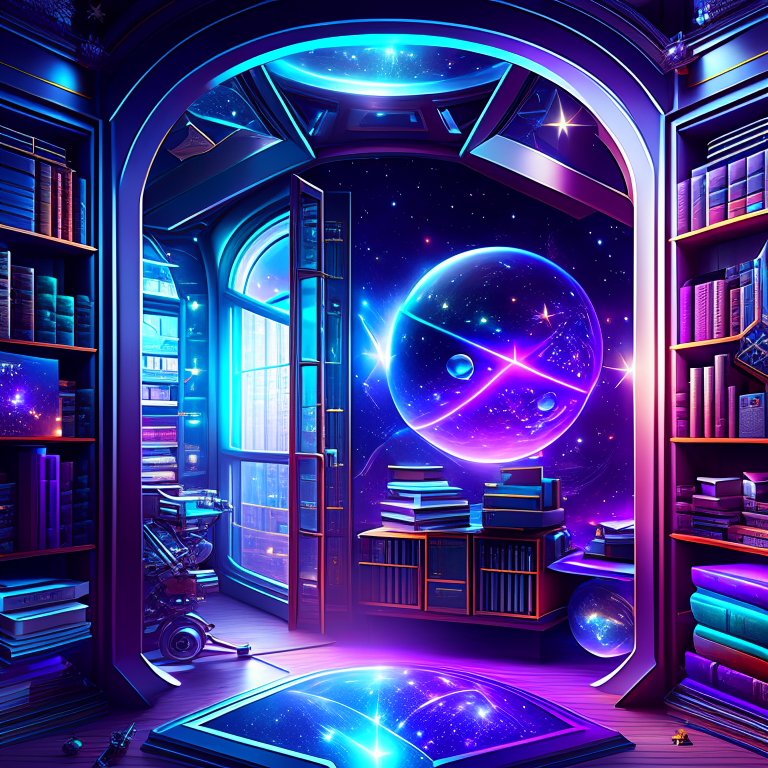 space explorer's library with interactive holographic star charts and alien codex. 