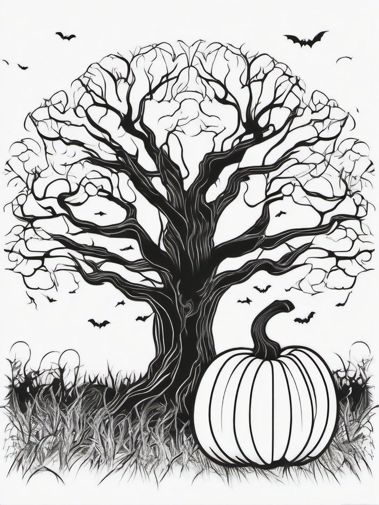 Pumpkin with Spooky Tree Coloring Pages - Haunted Tree Looming Over a Pumpkin  minimal black outline printable sheet, coloring page