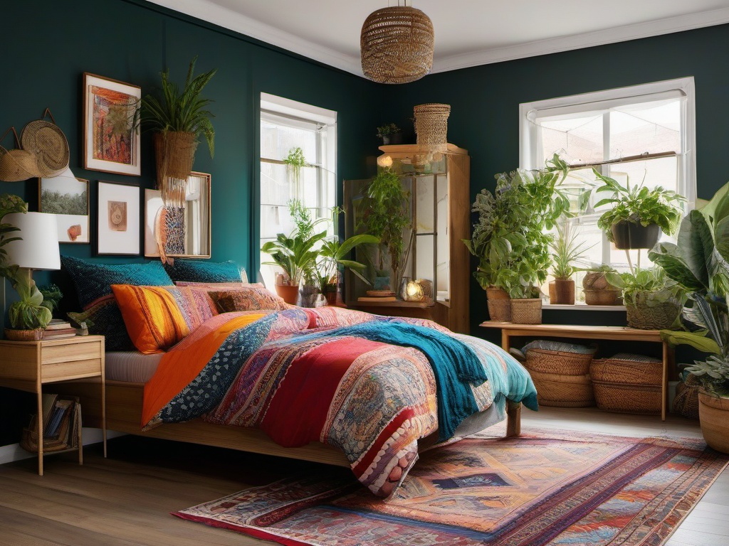 Bohemian bedroom is filled with colorful bedding, mismatched furniture, and potted plants, offering a relaxed and eclectic atmosphere.  