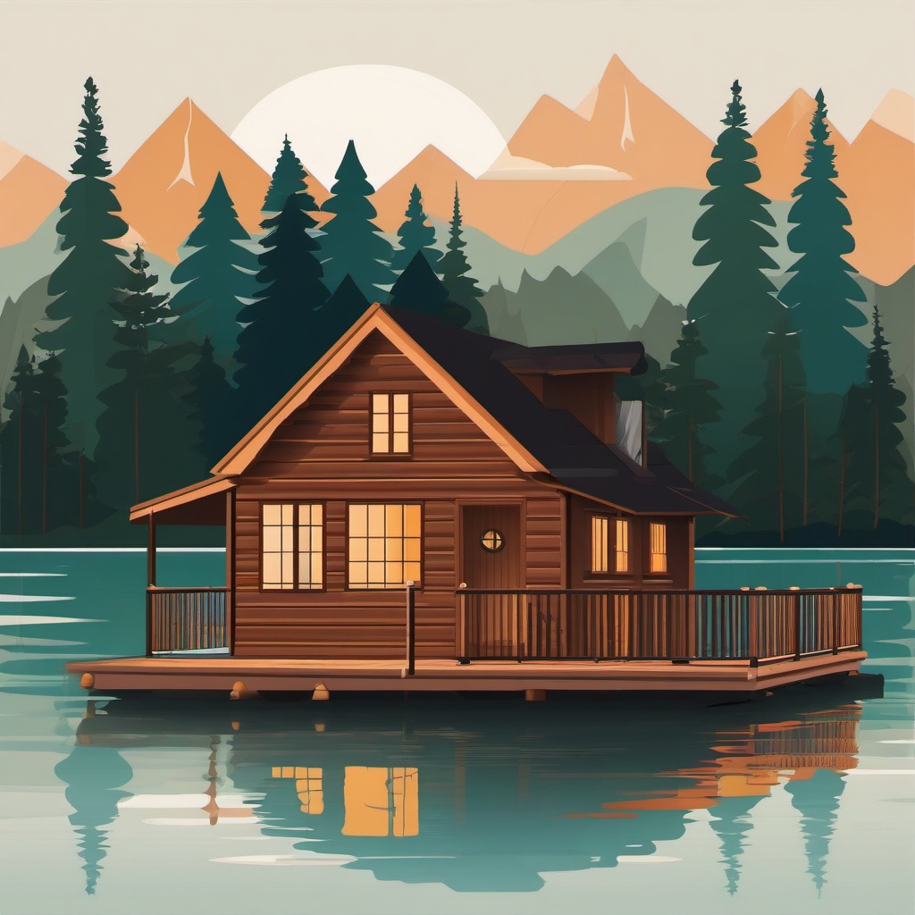 Lake Cabin clipart - A cozy cabin nestled by the lakeside., ,vector color clipart,minimal