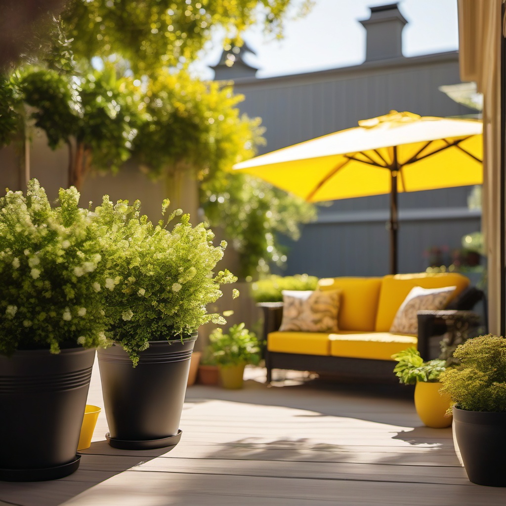 Sunny Patio Space - Sunny patio space with bright yellow accents and potted plants. realistic, professional photography, bokeh, natural lighting, canon lens, shot on dslr 64 megapixels sharp focus