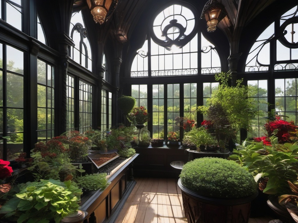 The greenhouse showcases Gothic interior design with dark wood structures, ornate planters, and dramatic decor that create an elegant environment for gardening and plant care.  