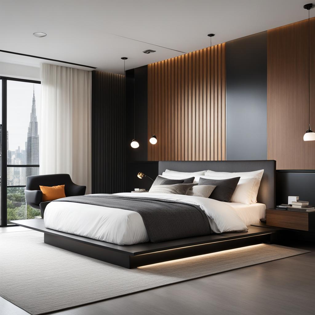 contemporary bedroom with a platform bed and clean, streamlined design. 