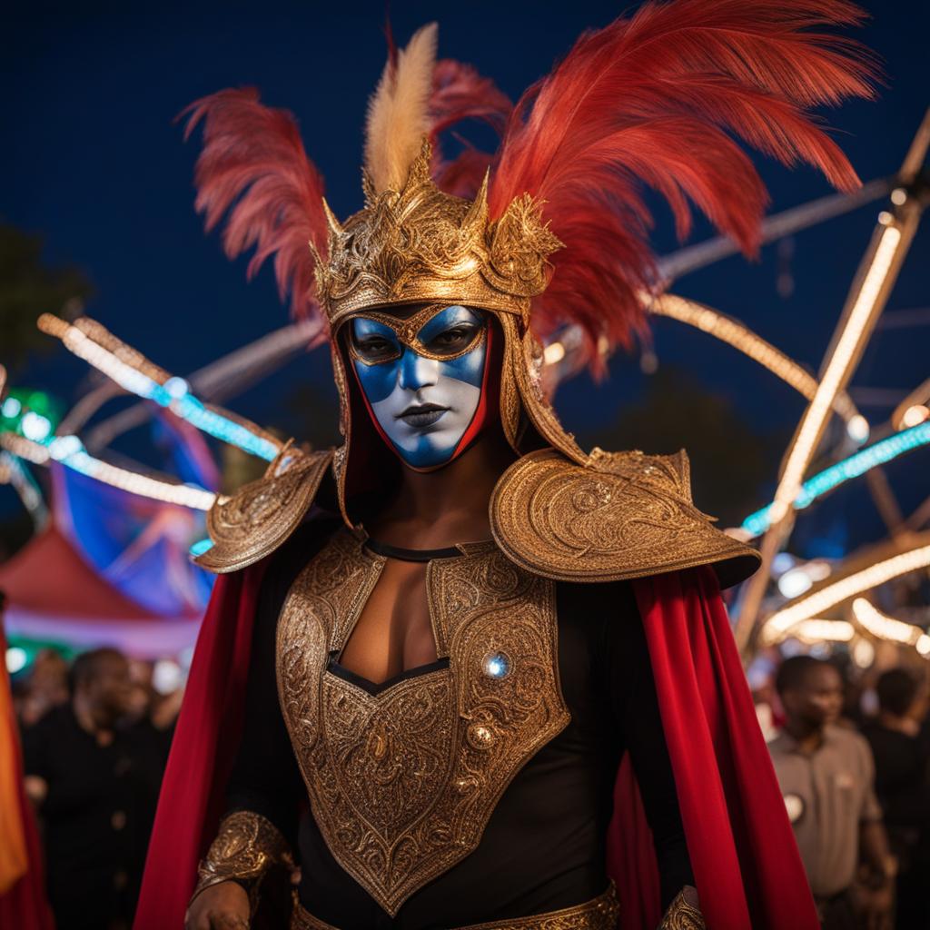 elemental hero neos entertaining a crowd of onlookers at a night carnival. 