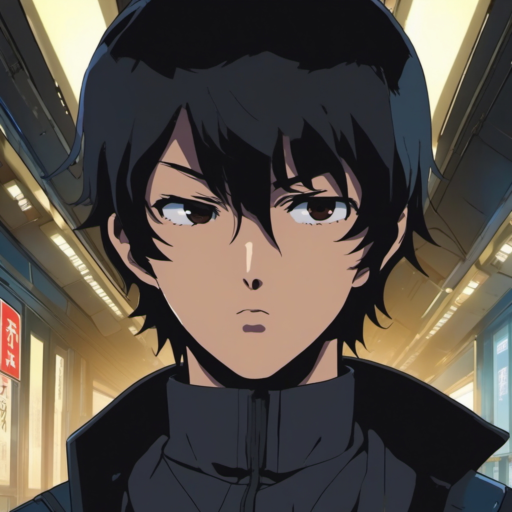 Front facing face, boy with black hair, round eyes in a train chase sequence through Neo-Tokyo.  close shot of face, face front facing, profile picture pfp, anime style