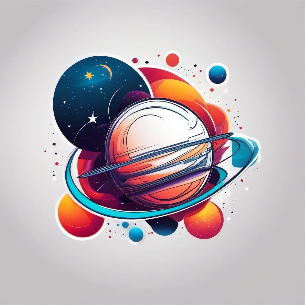 Planet Tattoo - A vivid planet tattoo orbiting in space  few color tattoo design, simple line art, design clean white background