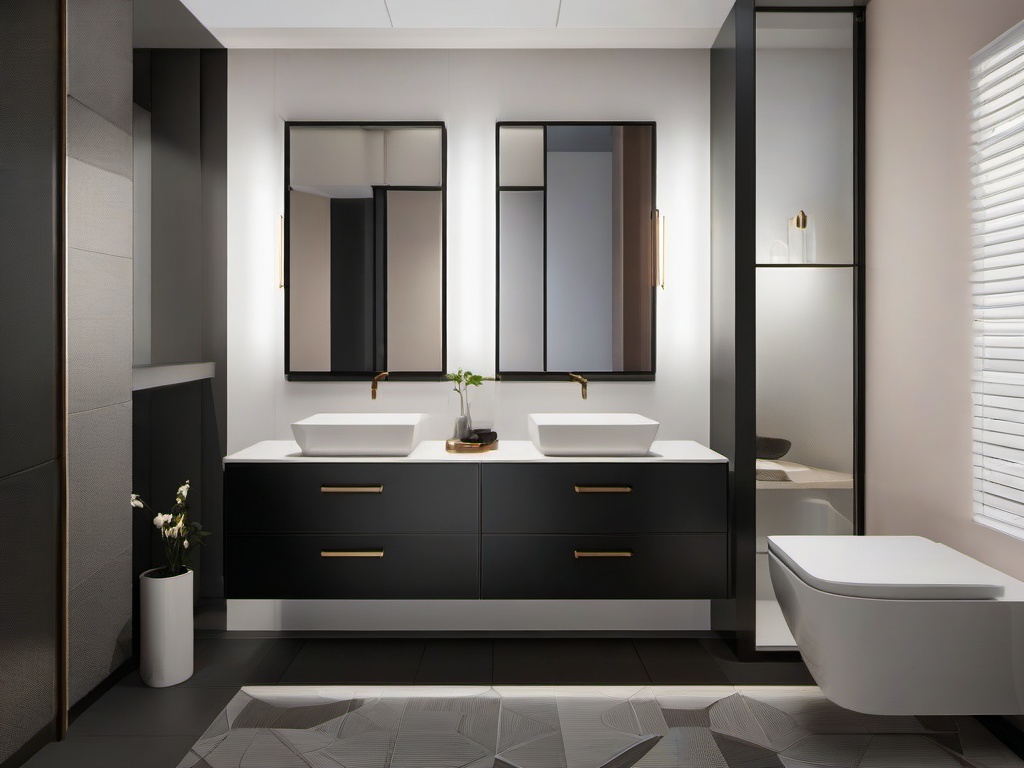 Bauhaus powder room includes minimalist fixtures, sleek vanities, and geometric tile patterns, creating a clean and functional small bathroom space.  