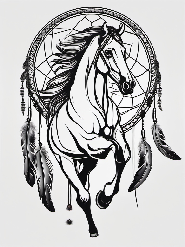 Dream Catcher Horse Tattoo - Capture the spirit of dreams with a dream catcher horse tattoo, featuring designs that combine the symbolism of dream catchers with the grace of horses.  simple tattoo,minimalist,white background