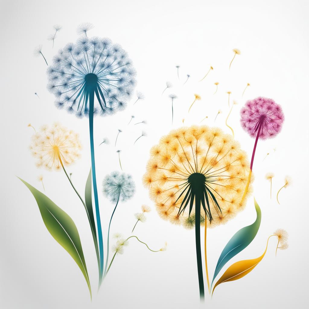 Dandelion meaning tattoo, Tattoos inspired by the symbolism of dandelions.  vivid colors, white background, tattoo design