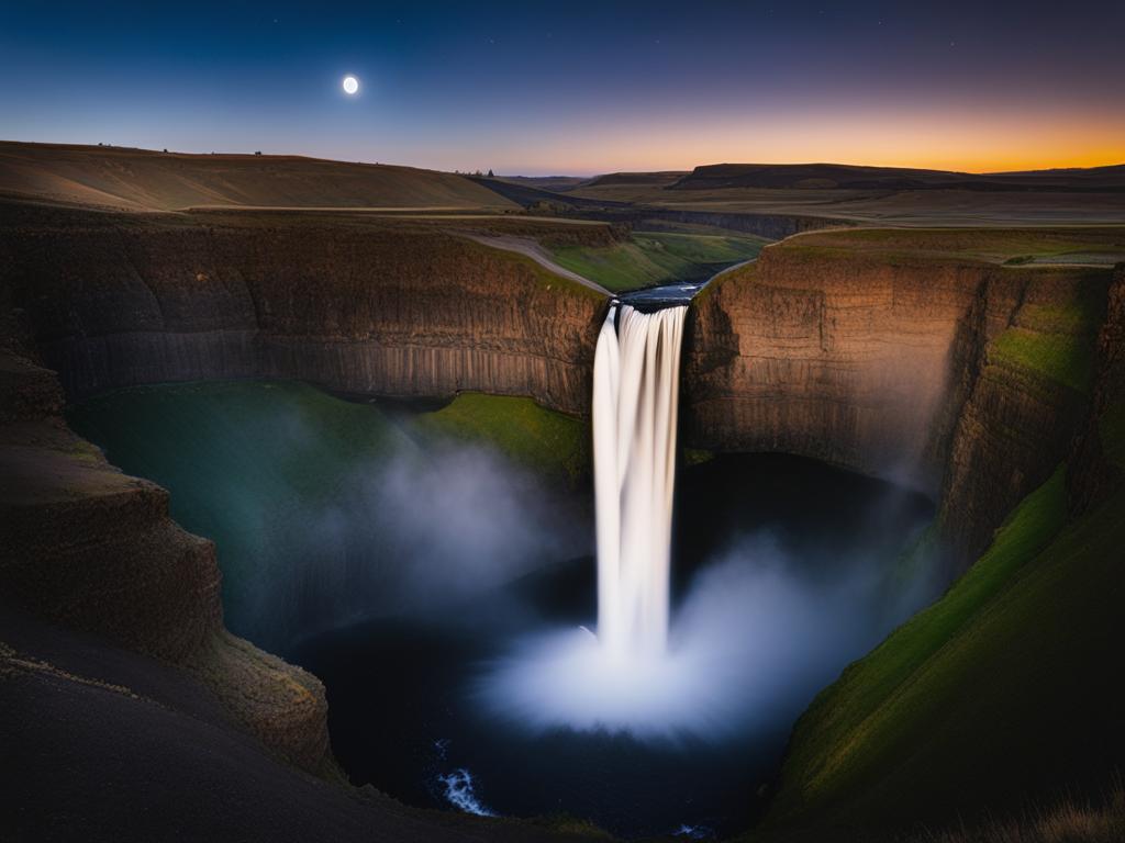 palouse falls - illustrate the mesmerizing night view of palouse falls, where moonlight accentuates the dramatic waterfall in the heart of the palouse region. 