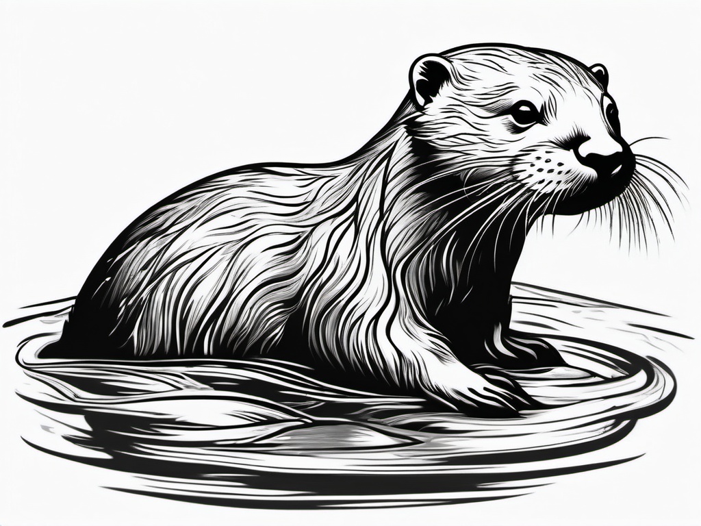 Otter Tattoo - Playful otter swimming in a crystal-clear stream  few color tattoo design, simple line art, design clean white background