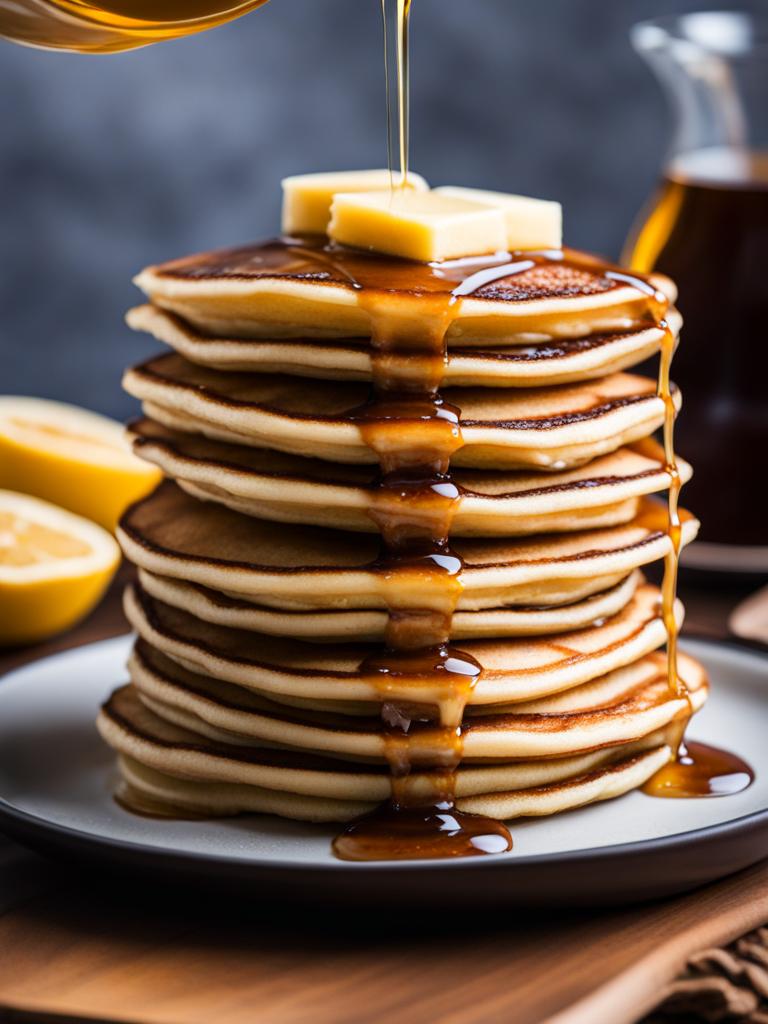 a tower of fluffy pancakes, stacked high and drizzled with maple syrup and melted butter. 