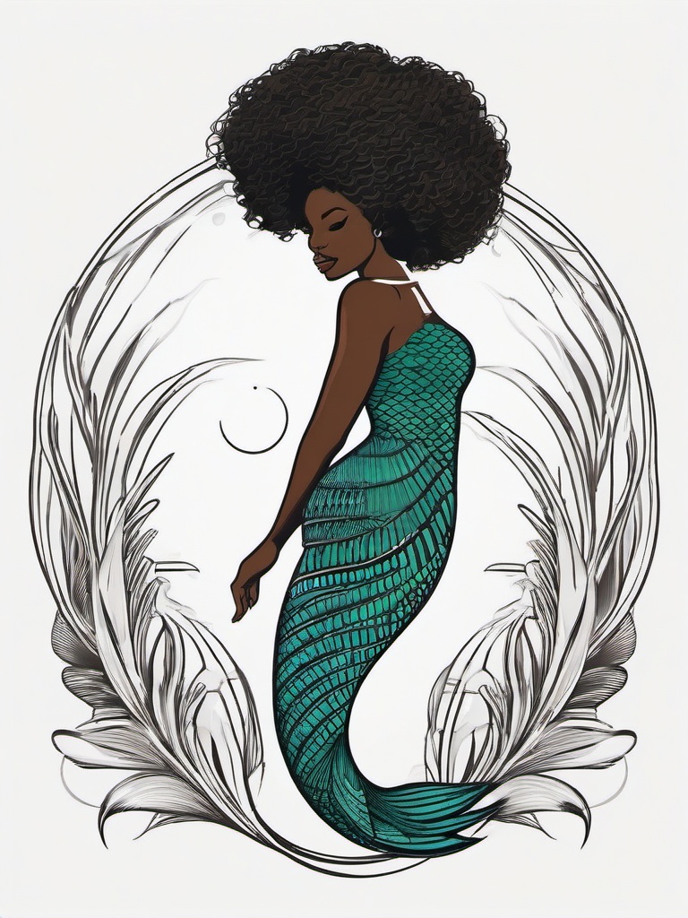 African Mermaid Tattoo - Embrace African-inspired art with a mermaid-themed tattoo featuring an African mermaid.  simple vector color tattoo,minimal,white background