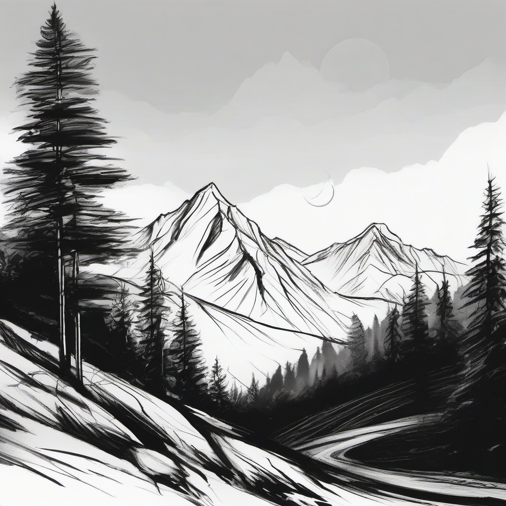 sketch of mountain scenery  minimal rough sketch scribbles,doodles,black and white