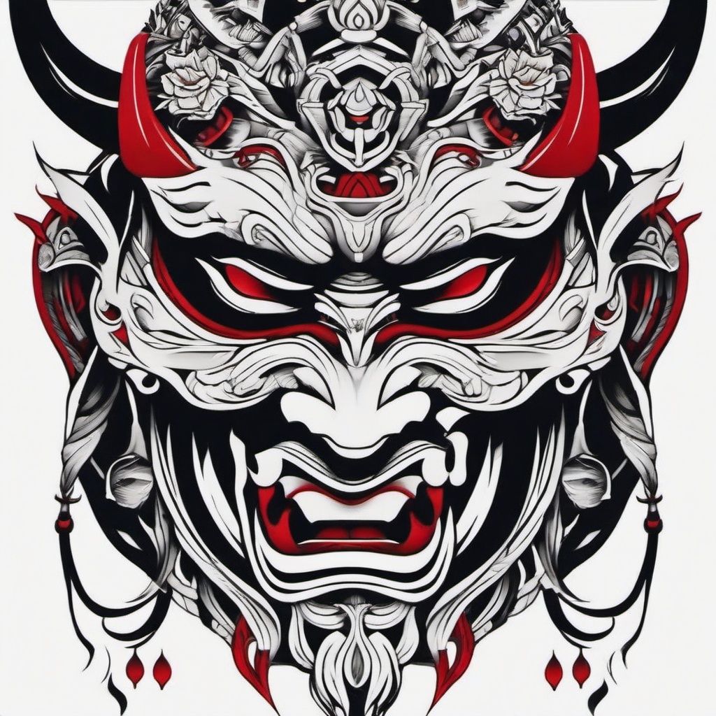 oni tattoo mask  simple color tattoo,white background,minimal