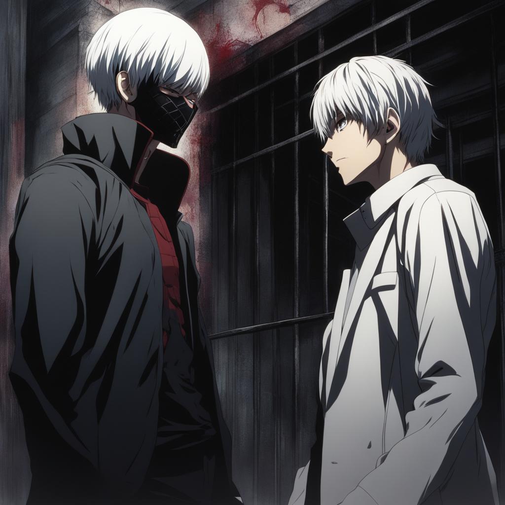 kaneki ken confronts a ghoul adversary in a dark and dilapidated back alley. 