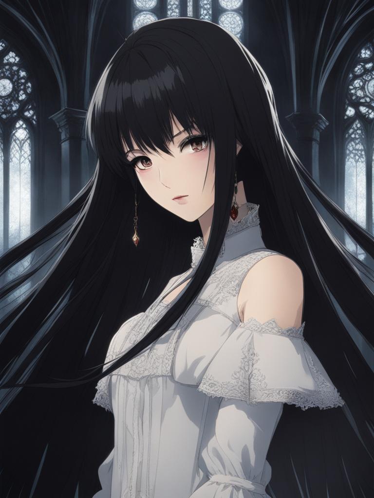 ruka sarashina - confronts a shadowy adversary in a haunted, gothic cathedral. 