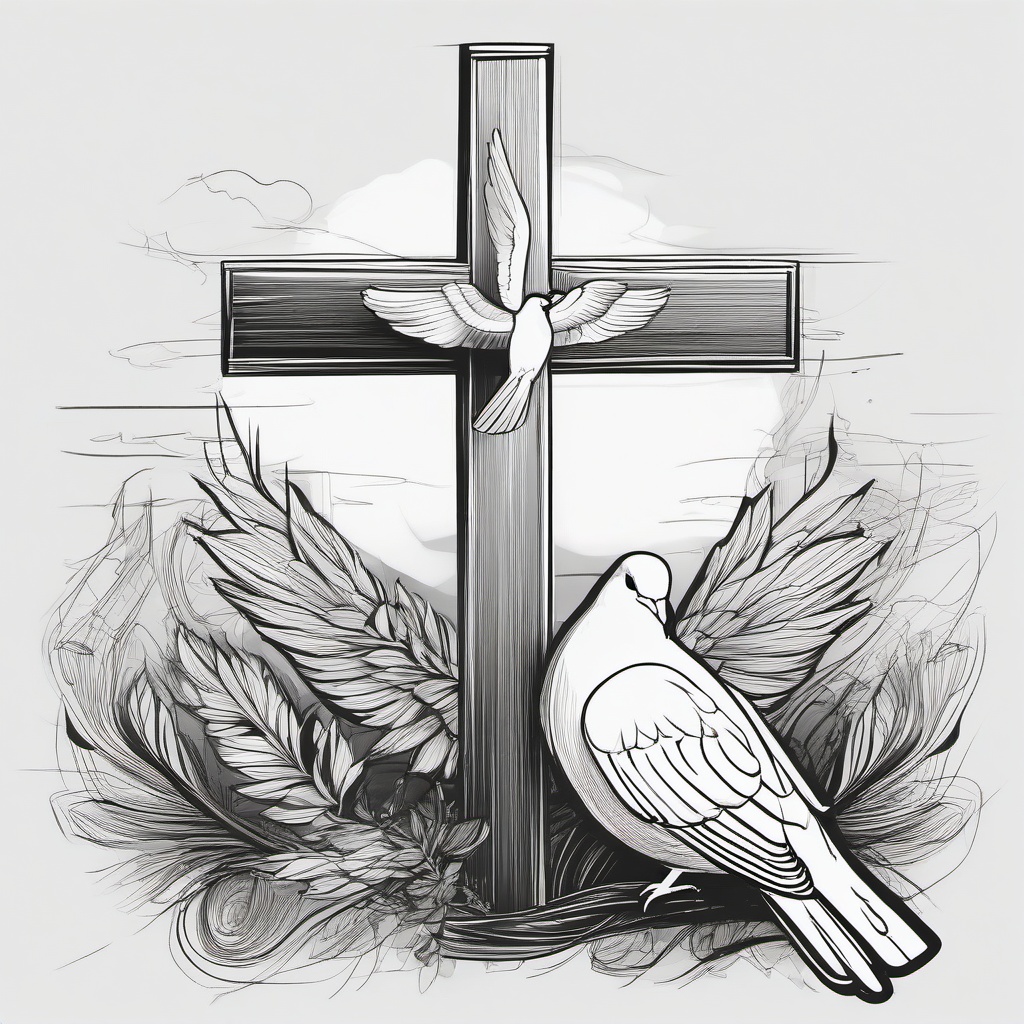 drawing of a cross with a dove  minimal rough sketch scribbles,doodles,black and white