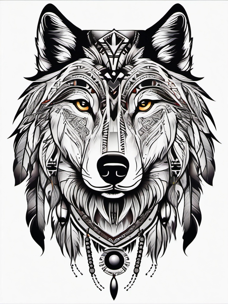 Wolf Tattoo Indian,tattoo celebrating the Native American spirit and the essence of the untamed wolf. , tattoo design, white clean background