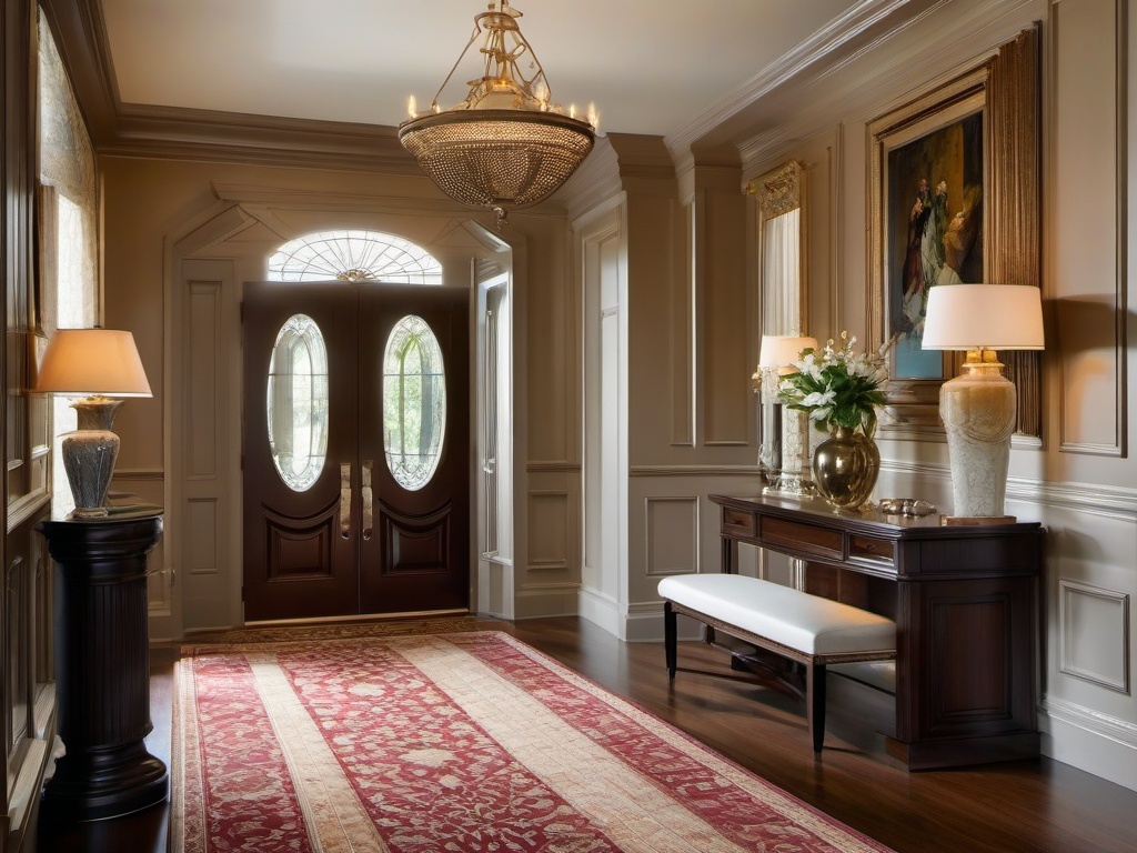 The foyer features Regency interior design with elegant moldings, rich colors, and tasteful art that invites guests into a warm and inviting home.  