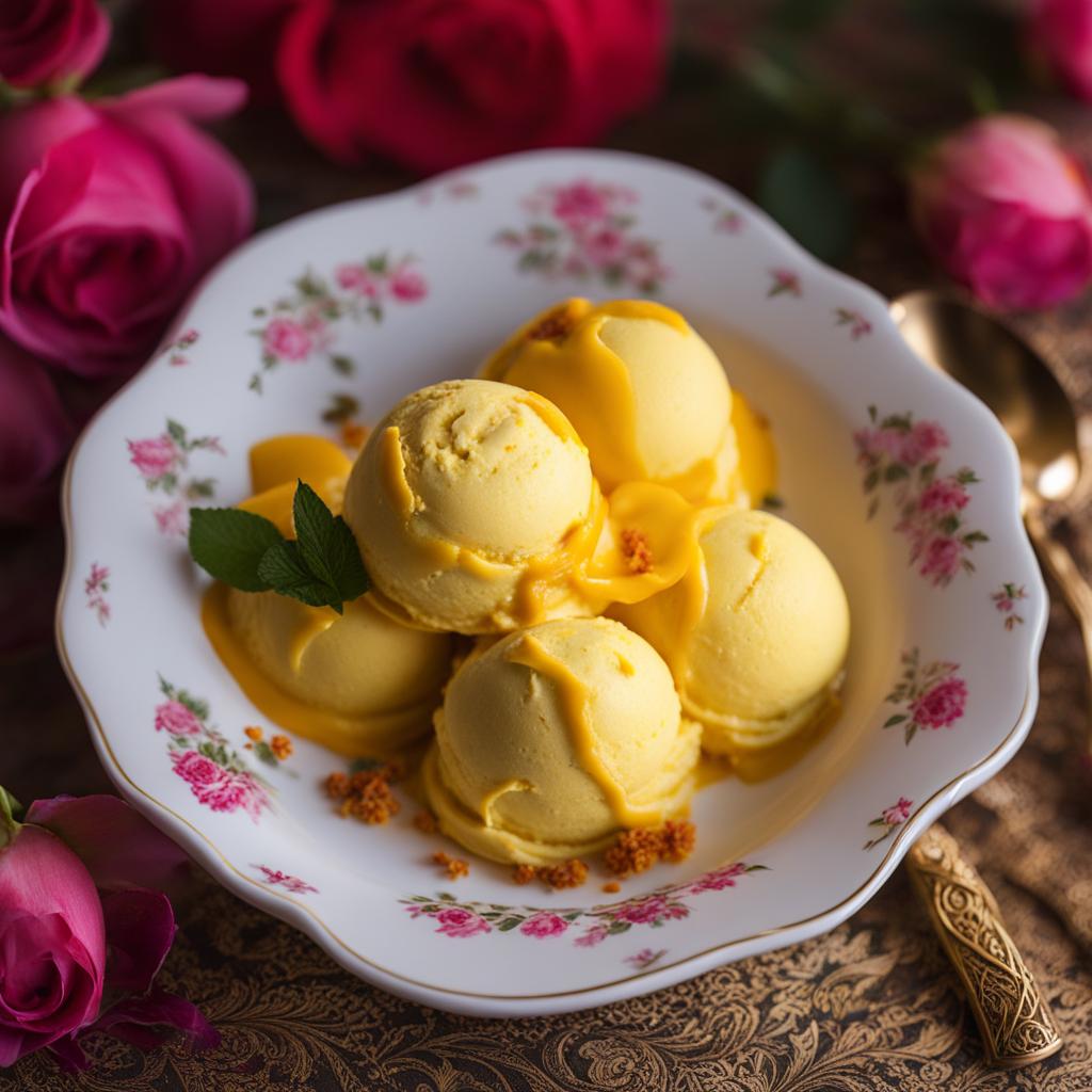 rosewater and saffron ice cream, an iranian specialty, relished at a persian new year celebration. 