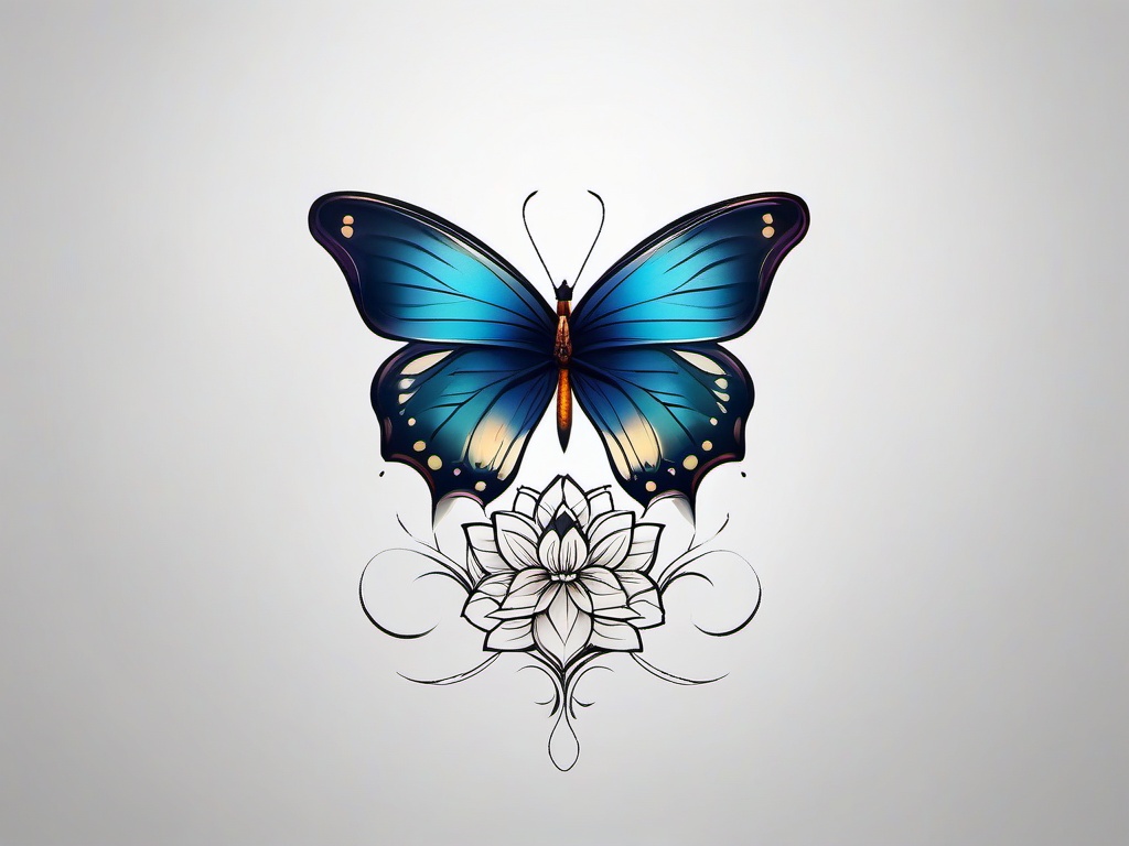 butterfly lotus tattoo  simple color tattoo,white background,minimal