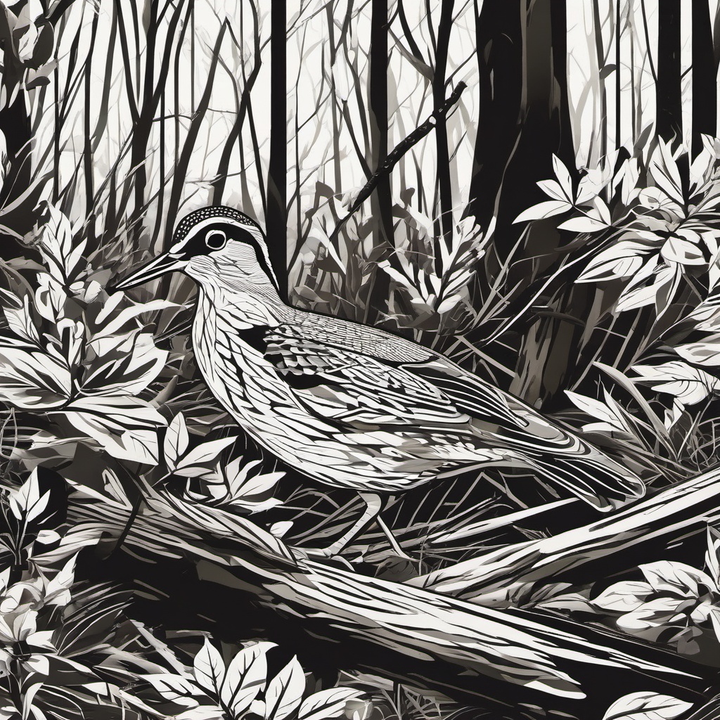 Woodcock Clipart - Woodcock bird camouflaged on a forest floor , minimal, 2d