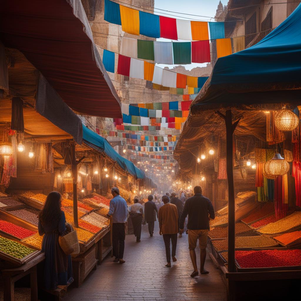 venture into a bustling bazaar, with colorful market stalls and intricate tilework. 