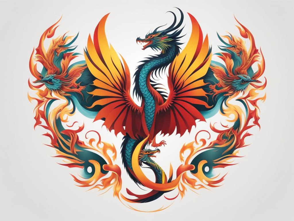 Dragon and phoenix tattoo, Creative tattoos that blend the power of dragons with the grace of phoenixes.  color, tattoo style pattern, clean white background