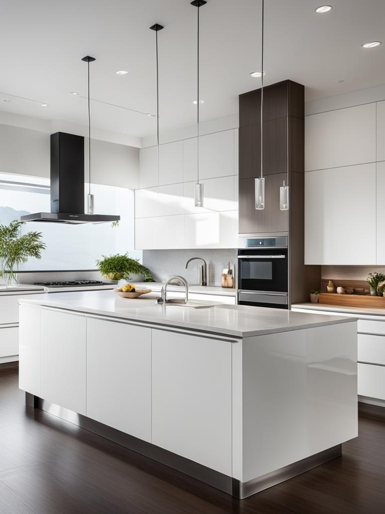 modern kitchen with sleek, white cabinets and stainless steel appliances. 