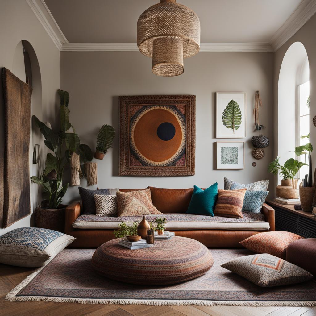 boho-chic living room with floor cushions and a gallery wall of art. 