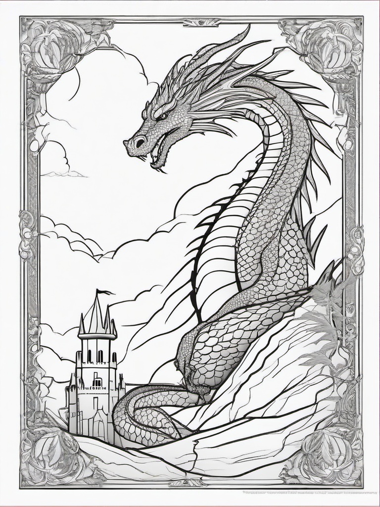 Dragon and Castle Coloring Pages - Regal Dragon Guarding Its Domain  minimal black outline printable sheet, coloring page