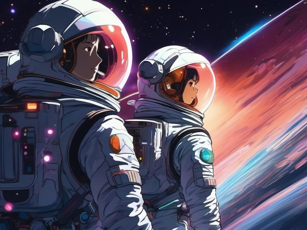 Brave anime astronaut and adventurous astronaut buddy, floating in space suits, conducting experiments in the vastness of outer space, as a matching pfp for friends. wide shot, cool anime color style