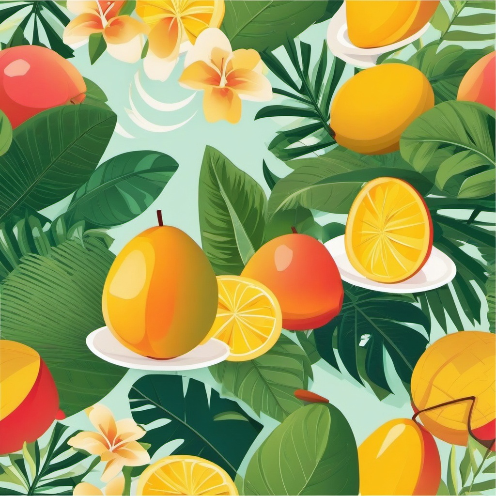 Mango Slice and Tropical Paradise Clipart - A mango slice in a tropical paradise setting.  color vector clipart, minimal style