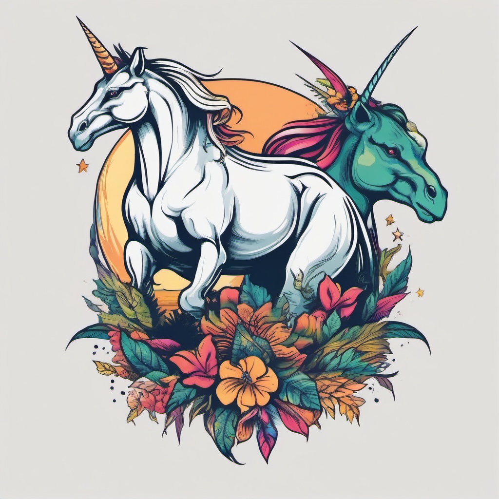 Dinosaur and Unicorn Tattoo - Combine mythical elements with a tattoo featuring both a dinosaur and a unicorn.  simple vector color tattoo,minimal,white background