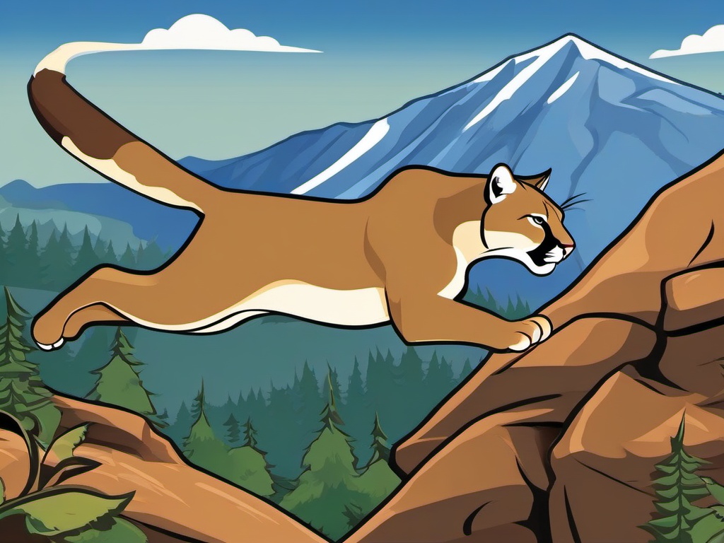 Cougar Cartoon - Cartoon of cougar leaping through mountains  