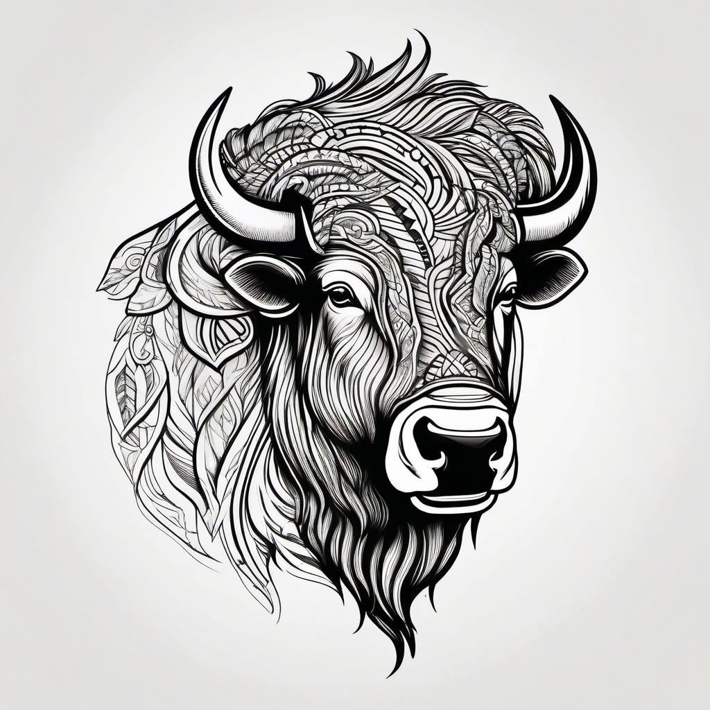 Bison Tattoo - Bison with powerful horns, symbol of strength and unity  few color tattoo design, simple line art, design clean white background