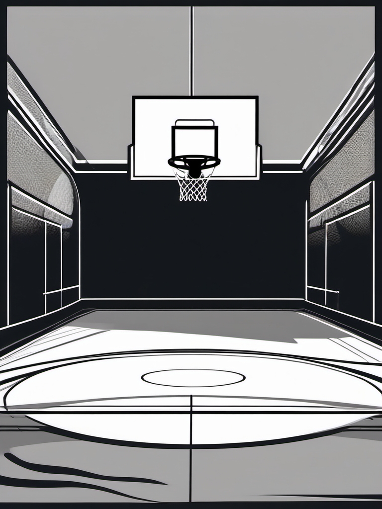 Basketball court with shadows ink. Sunlit court drama.  black white tattoo style, minimalist design,white background