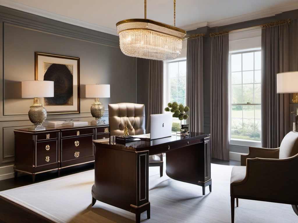 The home office exemplifies Regency interior design, featuring a refined desk, plush seating, and decorative details that inspire productivity in an elegant environment.  