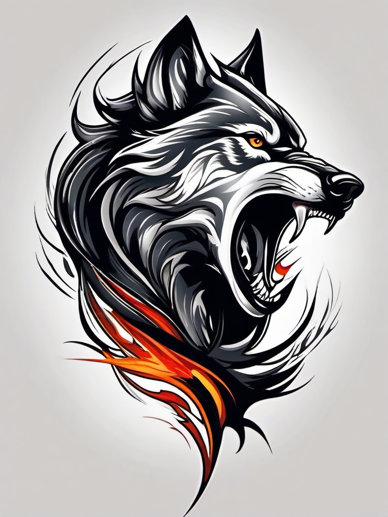 Angry Wolf Tattoo,tattoo capturing the fury of a fierce wolf, symbol of untamed aggression. , color tattoo design, white clean background