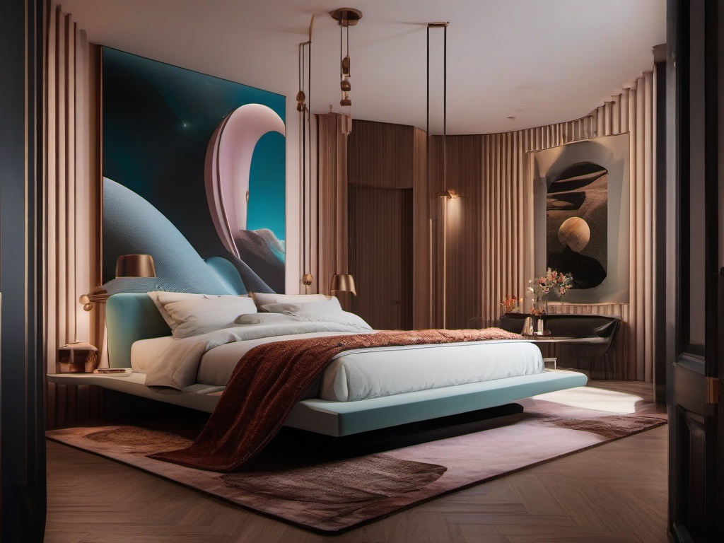 In the bedroom, surrealist interior design showcases a floating bed, eclectic artwork, and unexpected textures that transform the space into a fantastical sanctuary for rest.  