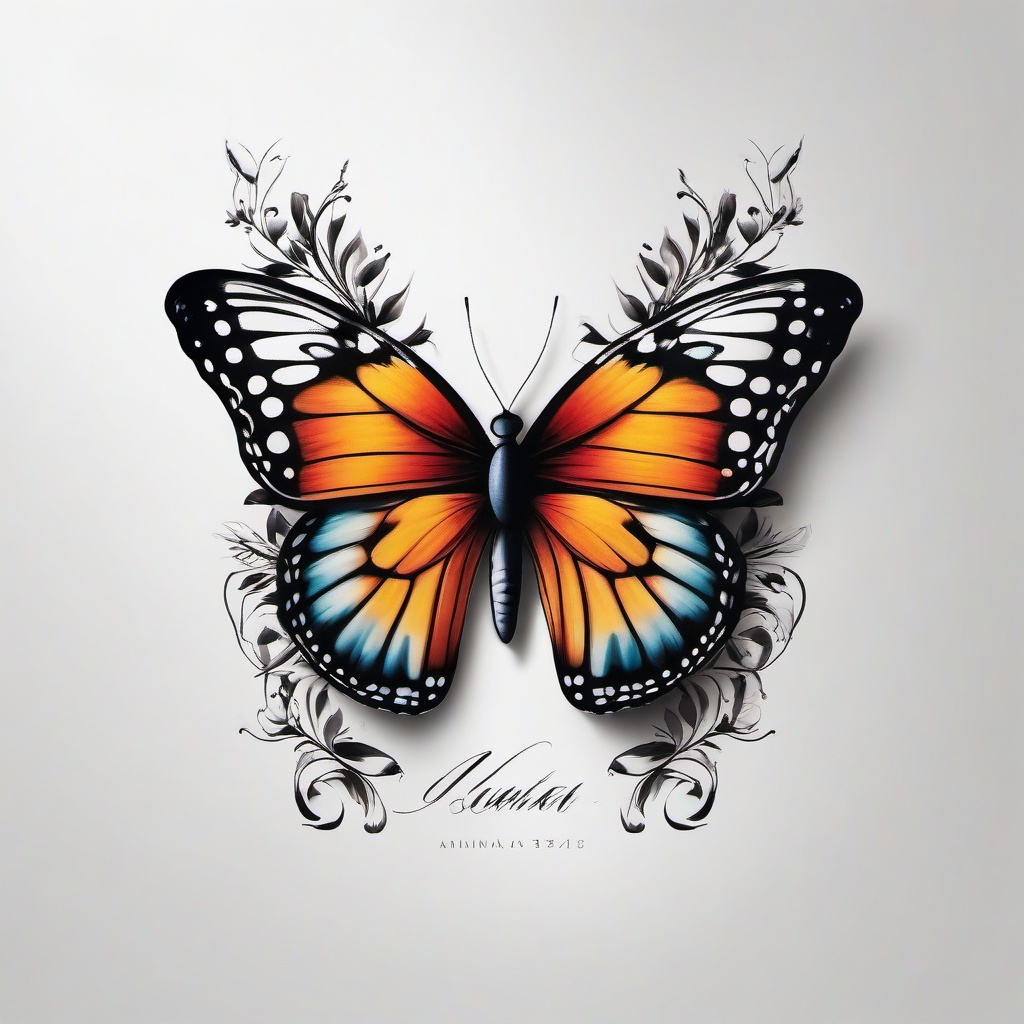 butterfly tattoo with writing  simple color tattoo, minimal, white background