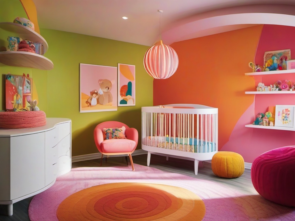 The nursery features psychedelic interior design with playful colors, whimsical decor, and imaginative accents that create a stimulating and joyful space for the baby.  