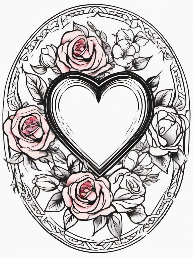 Heart Tattoo - A delicate heart tattoo surrounded by roses  few color tattoo design, simple line art, design clean white background