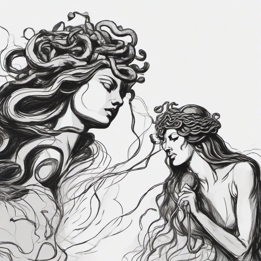 drawing of Medusa turning someone to stone  minimal rough sketch scribbles,doodles,black and white