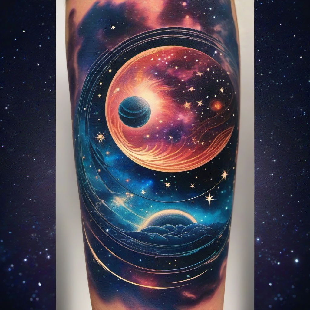 Galactic Tattoo-Mystical and enchanting tattoo featuring a cosmic or galaxy design, capturing the vastness of the universe.  simple color vector tattoo
