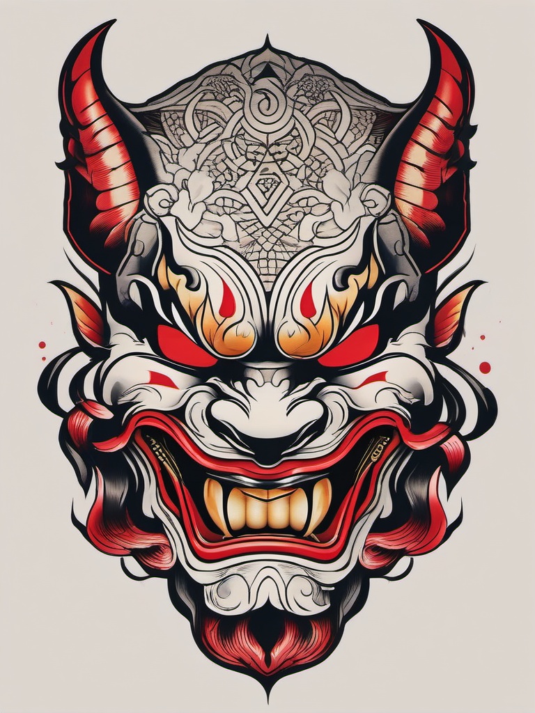 japanese traditional tattoo hannya mask  simple color tattoo,white background,minimal