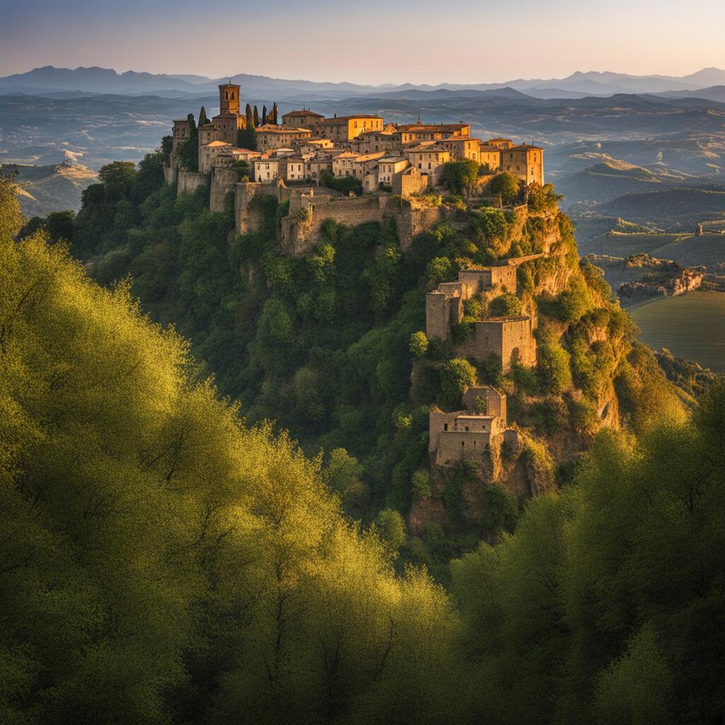 enigmatic civita di bagnoregio - create an artwork that captures the enigma of civita di bagnoregio, the 'dying town,' perched on a hilltop. 