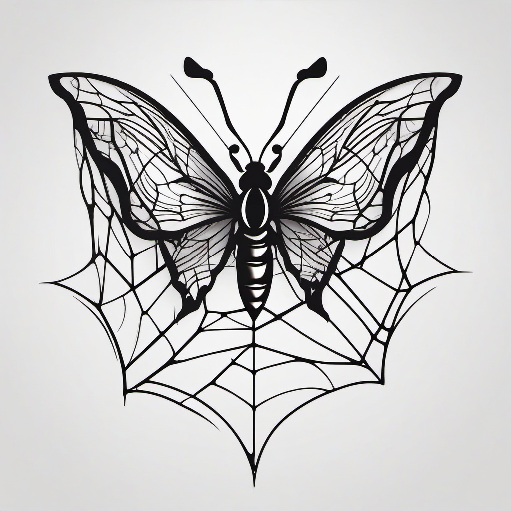 Butterfly Spider Web Tattoo - Tattoo featuring a butterfly design within a spider web for a unique Halloween twist.  simple color tattoo,minimalist,white background