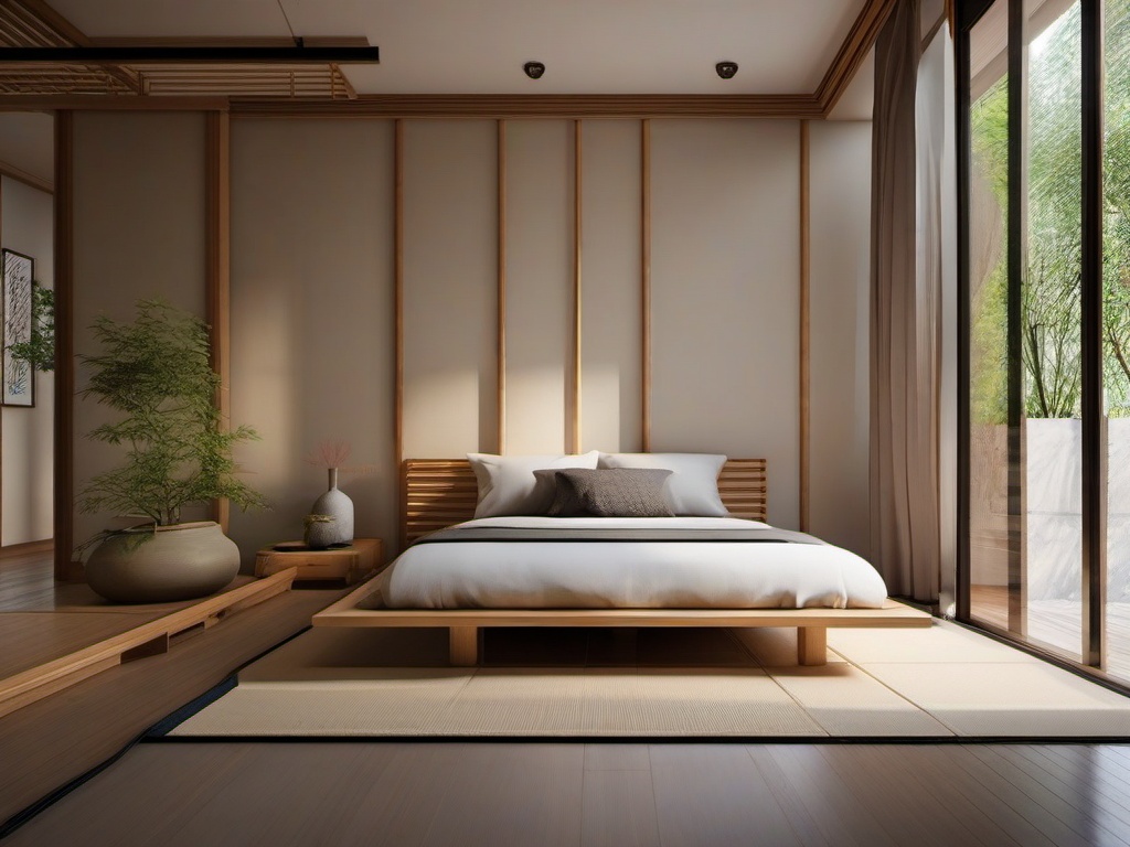 In the bedroom, Japanese Zen interior design showcases a low futon bed, soft neutral tones, and bamboo accents that create a serene atmosphere for restful sleep.  